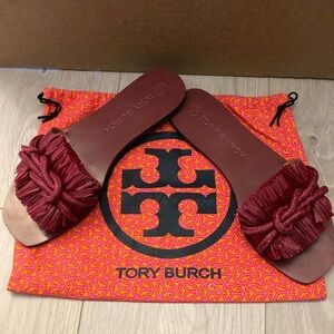 Tory Burch Red Raffia Ripe Fringe with Rope Knot flat leather slide sandals 10M